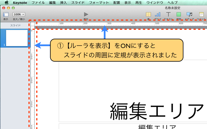 スライドの周囲に定規が表示されました